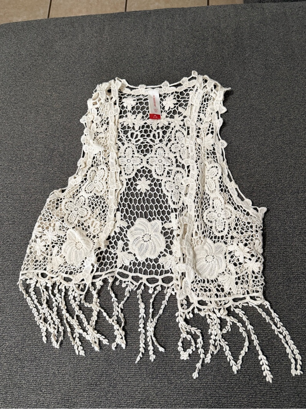 No Boundaries White Crochet Fringe Open Front Vest